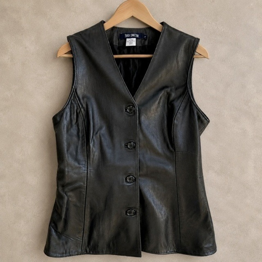 French Connection Black Leather Vest Womens L Vintage‎ Button Front UK Moto